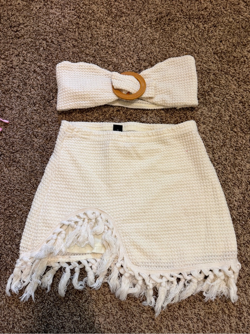 SHEIN Cream Crochet Fringe Mini Skirt set
